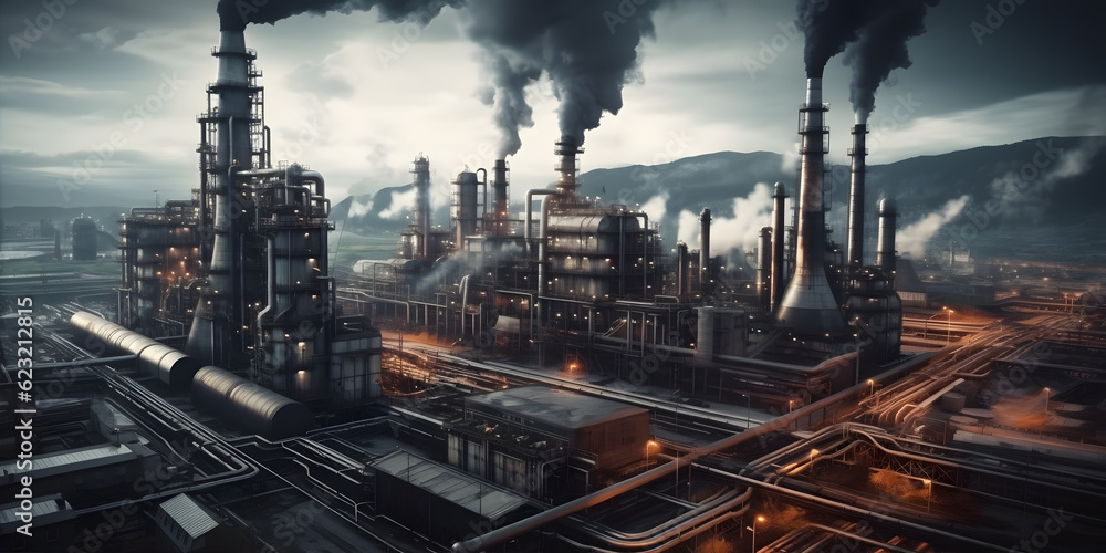 Industrial Architecture: An impressive shot of a large factory or industrial site with machinery and smokestacks. Generative ai.