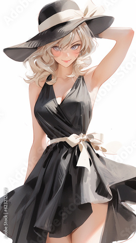 anime fantasy elegant twosome in black wide brim hat and black eternal elegant dress drawing girls Generative AI