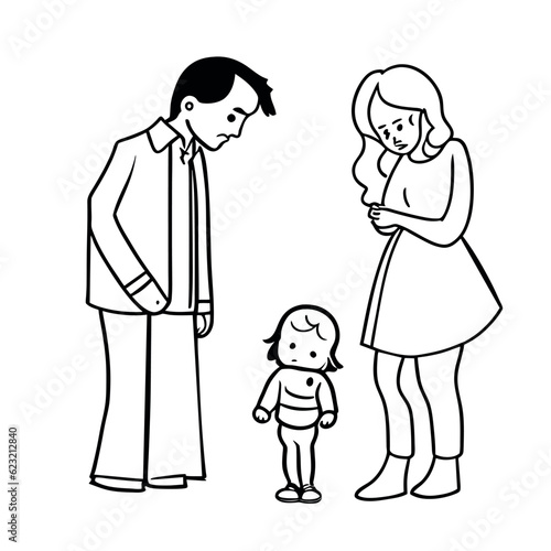 separation of parents with sad child, vector illustration line art photo