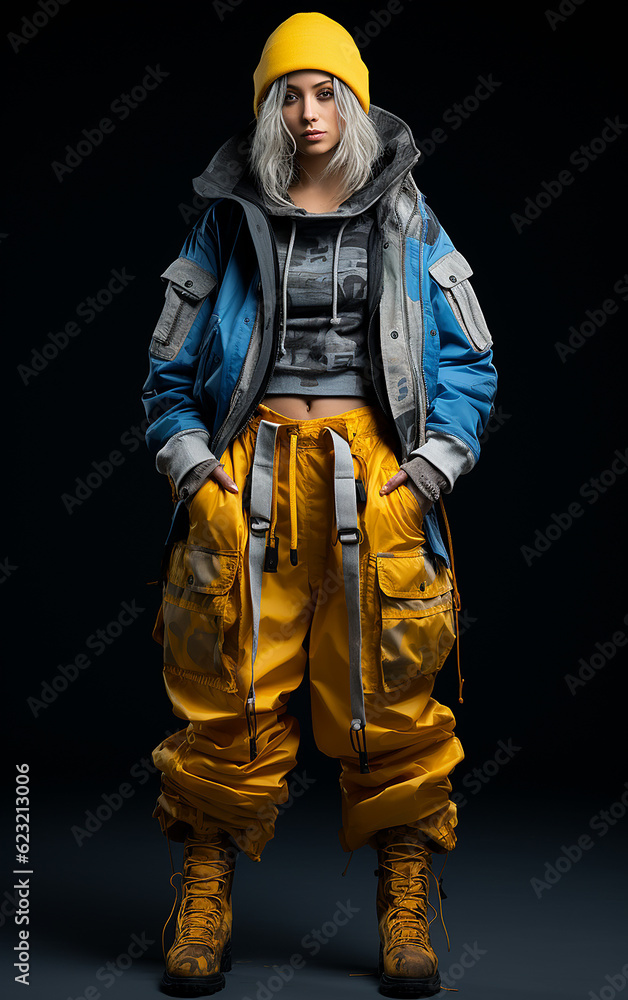 Girl with blonde hair in yellow-blue clothes in a jacket T-shirt T-shirt and pants on a dark background, Generative AI Girl with blonde hair in yellow-blue clothes in a jacket T-shirt T-shirt and pants on a dark background, Generative AI