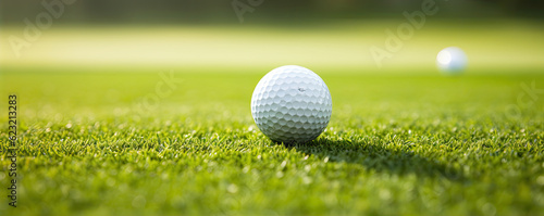 Close up of golf ball on green grass. Golf concept. copy space for text.