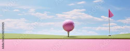 Pink golf ball in green field with blue sky background.