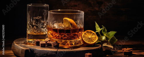 Whiskey in glass with ice cubes on the wooden barrel background.