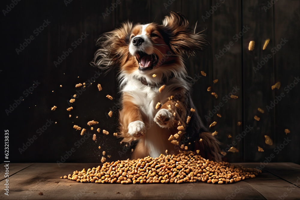 A very happy dog ​​with his food.