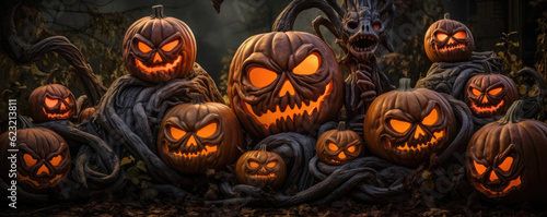 Halloween cemetery scary pumpkins. © Michal
