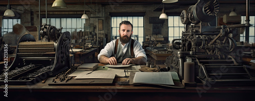 Man working at printing press offince in old times.