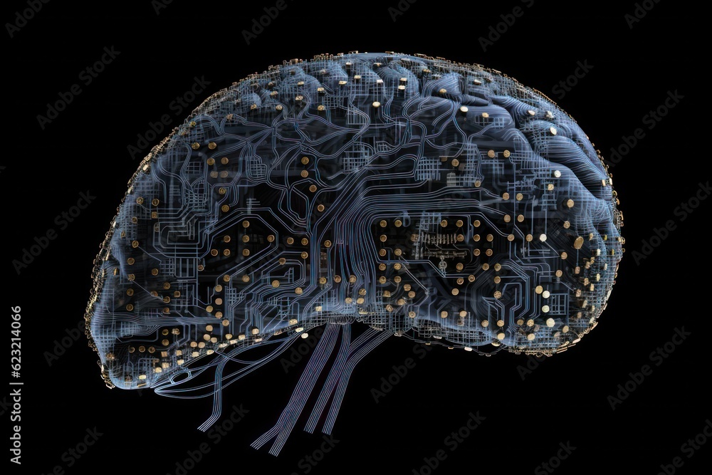 Fototapeta premium Human brain Artificial intelligence computer data technologies. Futuristic Cyber Technology Innovation. Brain with circuit board and microchips. Deep machine learning and AI neural network concept.