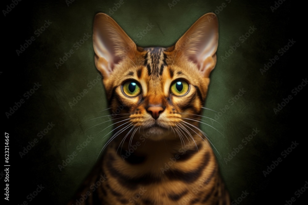 Portrait of a bengal cat with green eyes. Generative AI