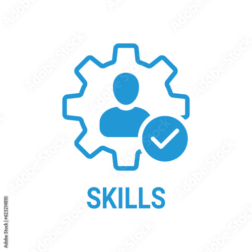 Skills icon with check sign. Skilled employee icon and approved, confirm, done, tick, completed symbol. Icon, capability, skills, employee, faculty, expertise, ability, accept, agree, apply, approved