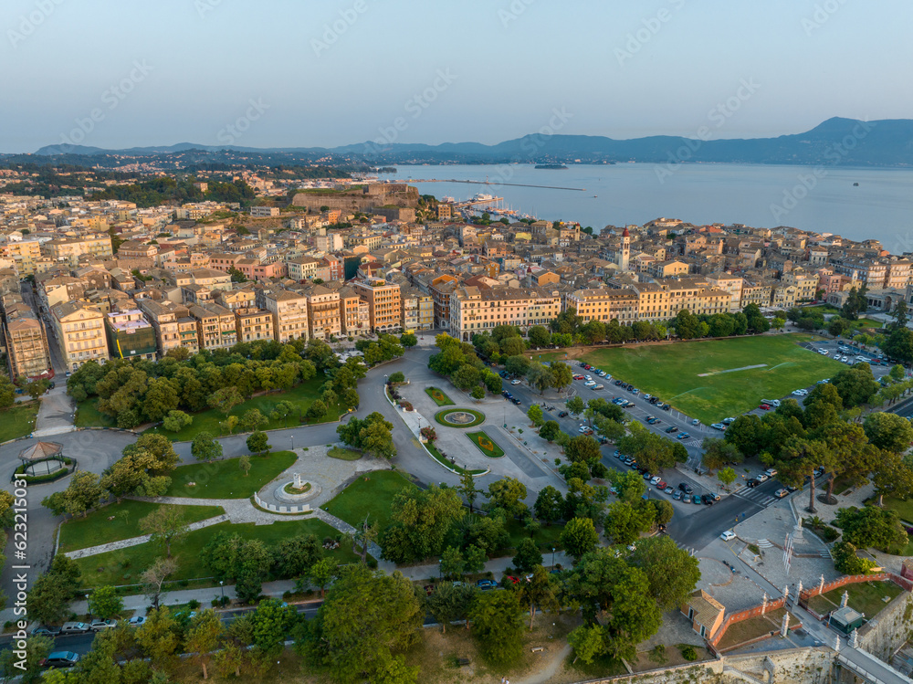 Drone view of Famous corfu town in summer, Corfu Greece