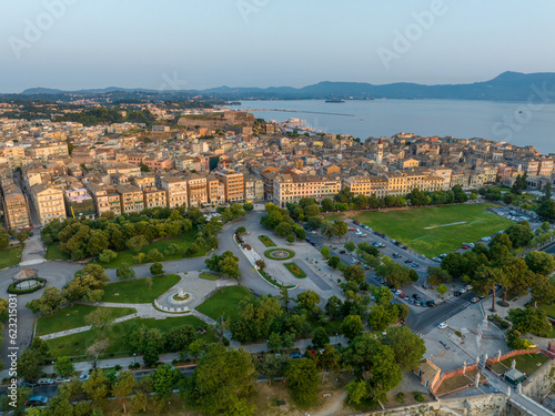 Drone view of Famous corfu town in summer, Corfu Greece
