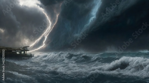 a tropical hurricane storm reaching the beach with stormy sea, giant cloud formation and flashes. Generative AI.