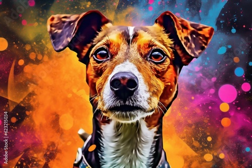 Photographie Portrait of a jack russell terrier dog created with bright paint splatters