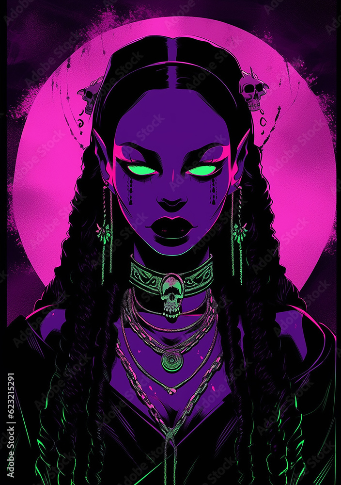 Book game illustration girl dark priestess manahinya priest with black hair, poison colors,black pink, drawing, art, fantasy, Generative AI