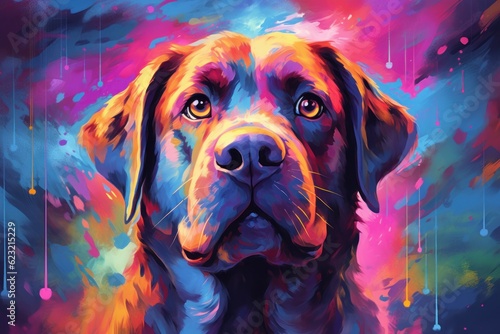 Multi coloured illustration art, the head of a dog painted with with splashes and splatters of paint. Generative AI