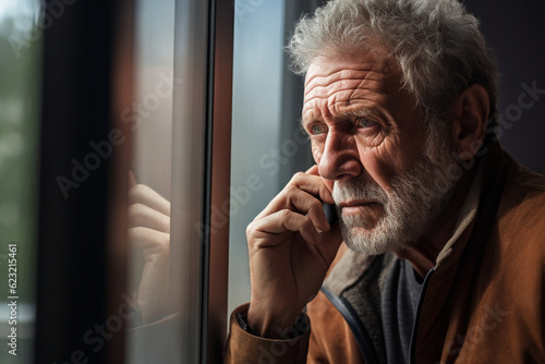 Thoughtful senior man sitting near the window . High quality photo