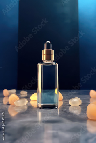 product photography illustration of a cosmetic beauty serum perfume bottle mock up in a dreamy blue pastel setting with botanical elements - ai generative art