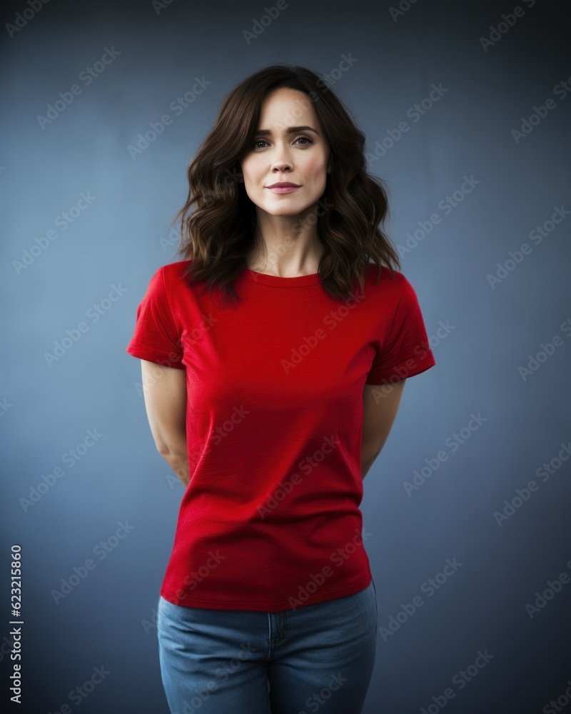 Portrait of a beautiful fictional woman smiling. Brunette model wearing a red t-shirt, isolated on a plain colored background. Generative AI illustration. Portrait of a beautiful fictional woman smiling. Brunette model wearing a red t-shirt, isolated on a plain colored background. Generative AI illustration.