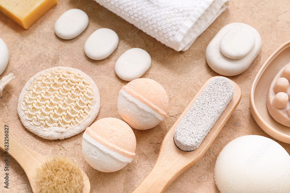 Composition with different bath supplies and cosmetic products on color background, closeup Composition with different bath supplies and cosmetic products on color background, closeup