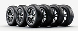 Car tire alu wheels on white background, wide banner or panorama photo.