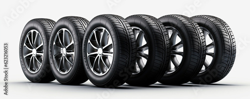 Car tire alu wheels on white background, wide banner or panorama photo. © Michal