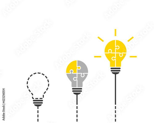 Process of an innovative idea concept with light bulb made of puzzle. Thinking, solution and innovation concept with shiny yellow lightbulb in the end. Vector illustration isolated on white background