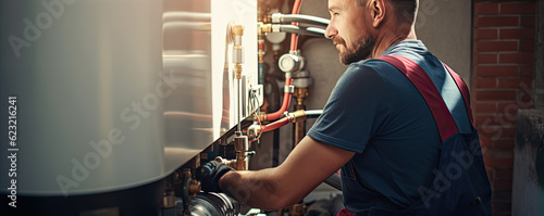 Fotografie, Obraz Worker plumber set up heating boiler. panorama photo