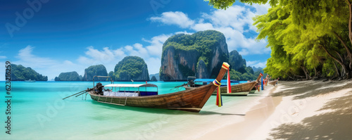 Traditional wooden longtail boat and Thailand. Beach and sand in Krabi province. © Michal