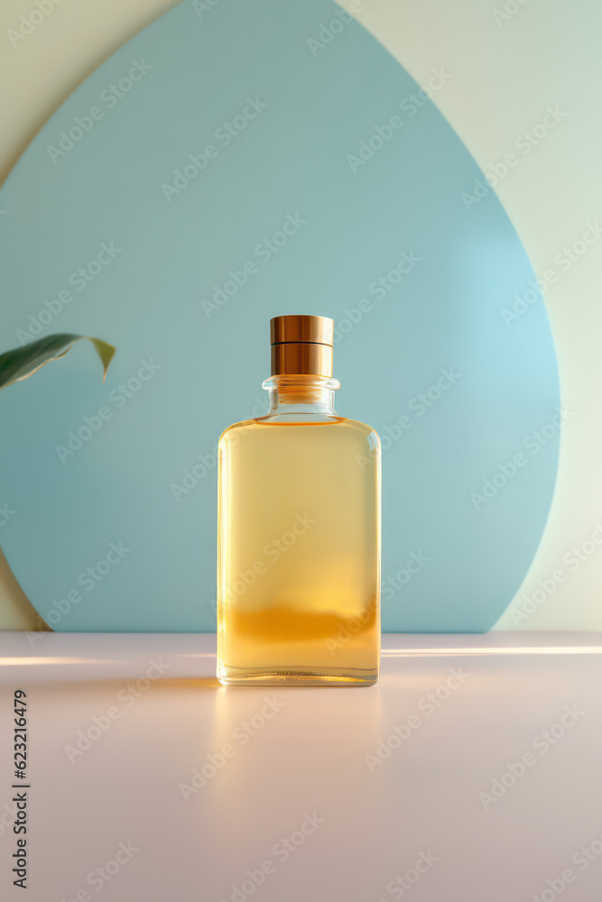 product photography illustration of a cosmetic beauty serum perfume bottle mock up in a dreamy blue pastel setting with botanical elements - ai generative art