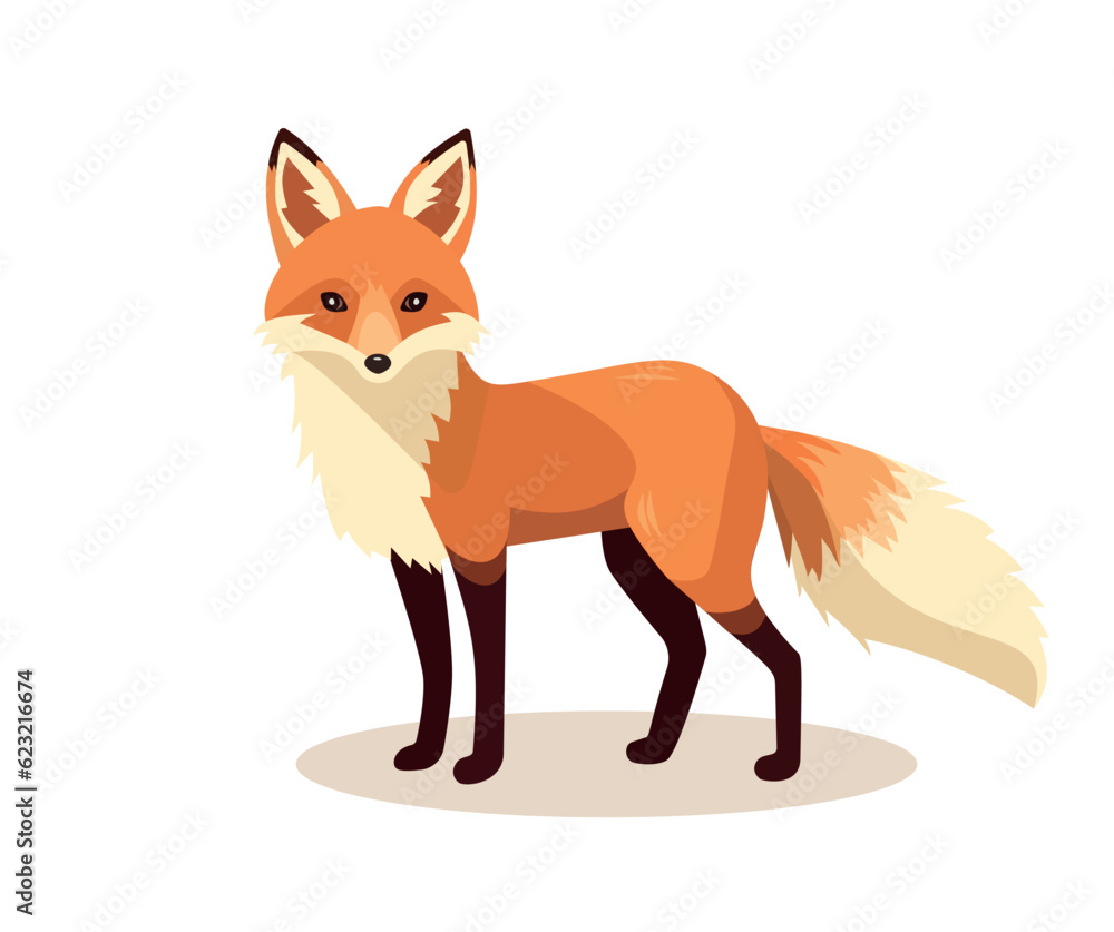 Obraz premium Standing fox isolated on a white background. Body side view, head in full face. Stock vector illustration. Forest animal.