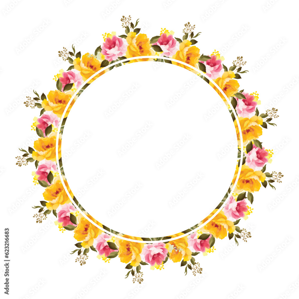 Watercolor floral wreath of yellow peony flowers. Template for invitation,card, save the date, postcard, banner, poster, mothers day, women day, birthday, bridal shower, newborn card. Vector