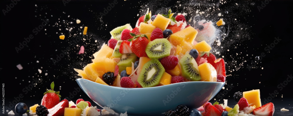 Fresh fruits, rapsberries, oranges, kiwis, apples, and grapes - in a splash of water. wide banner Fresh fruits, rapsberries, oranges, kiwis, apples, and grapes - in a splash of water. wide banner