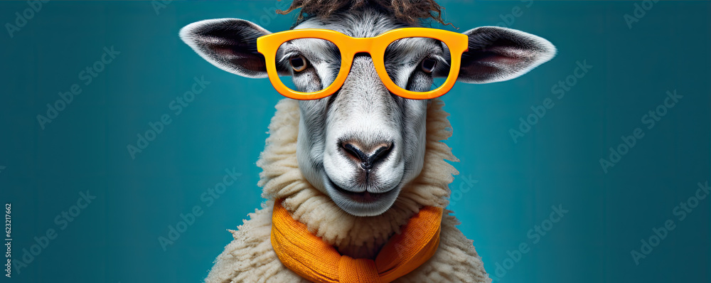 Funny sheep with cool glasses with colored tie. On blue color ful vivid background. Funny sheep with cool glasses with colored tie. On blue color ful vivid background.