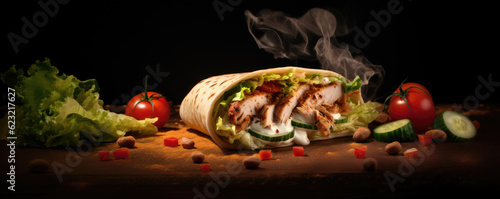 Shawarma sandwich gyro fresh roll chicken beef, grilled meat, mushrooms, cheese. Traditional Middle Eastern meal. wide banner