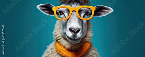 Funny sheep with cool glasses with colored tie.  On blue color ful vivid background. © Michal