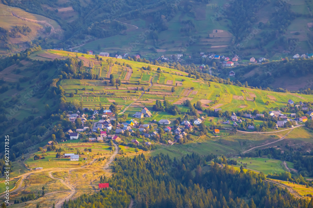 closeup small village in green mountain at the morning, rural scene closeup small village in green mountain at the morning, rural scene