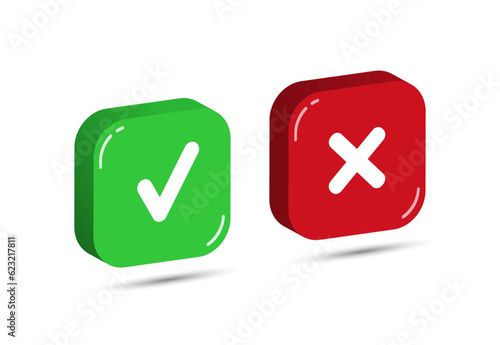 Red and green three-dimensional square buttons with a check mark and a cross
