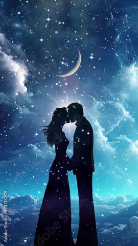 An animated vertical video of a silhouetted couple sharing a kiss before blue toned clouds, sparkles, and stars. Created using some elements made with generative AI.