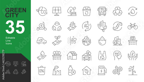Green City Line Editable Icons set. Vector illustration in modern thin line style of eco related icons: CO2 neutral, zero waste, use bike, green energy, air and water quality. Isolated on white