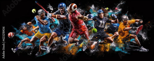 Multisport collage, footbal, boxing, voleyball soccer, baseball. copy space for text