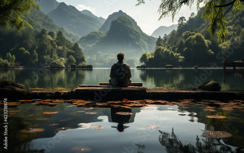 Billede på lærred A man practicing mindfulness and meditation in a peaceful natural environment so