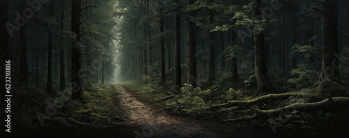 View of path through misty fog forest  Forest road concept.