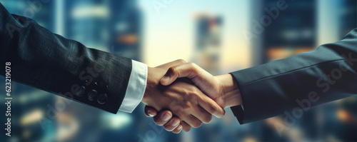 Bussiness man handshake in modern suits with blur city background. copy space for text