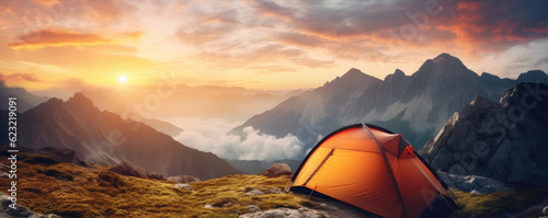 Camping tent high in mountains. adventure concept. wide banner