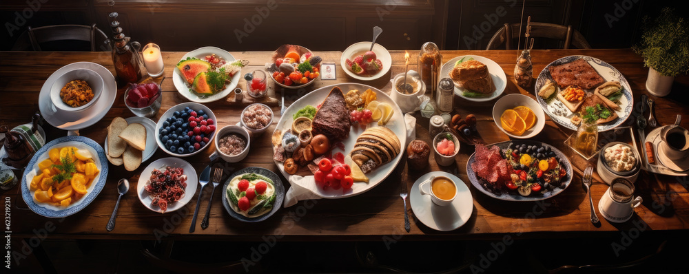 Fancy healthy breakfast spread on a big table, wide banner Fancy healthy breakfast spread on a big table, wide banner