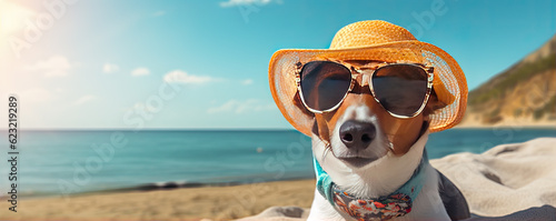 Cool dog with sunglasses and hat on the beach. copy space for text © Michal