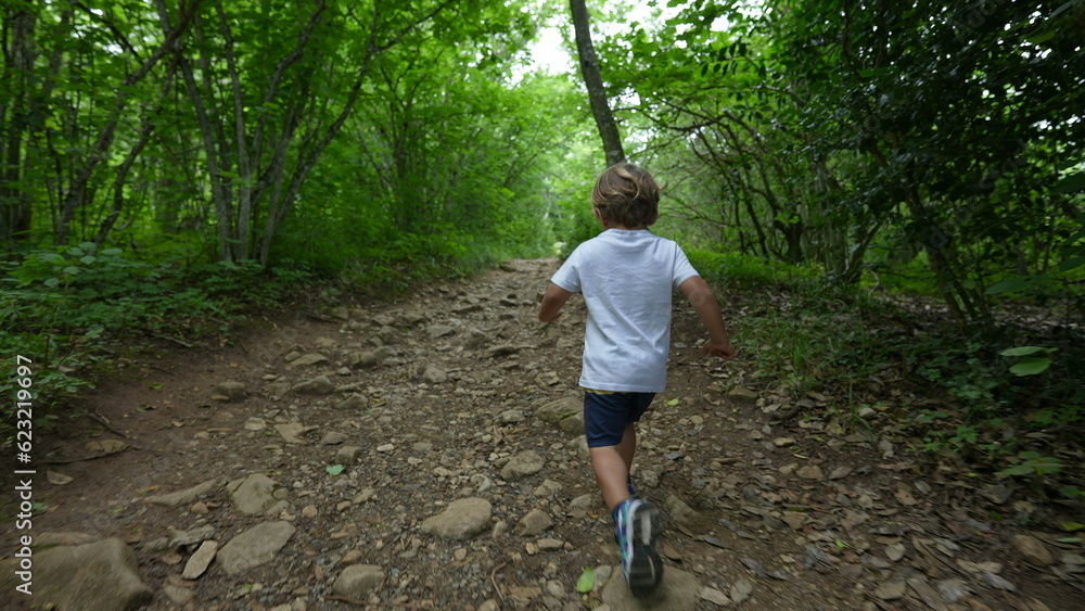 Small boy hiking going up hill outside in nature child stepping on rocks losing equilibrium Small boy hiking going up hill outside in nature child stepping on rocks losing equilibrium