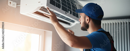 Electrician man repairing air conditioner system