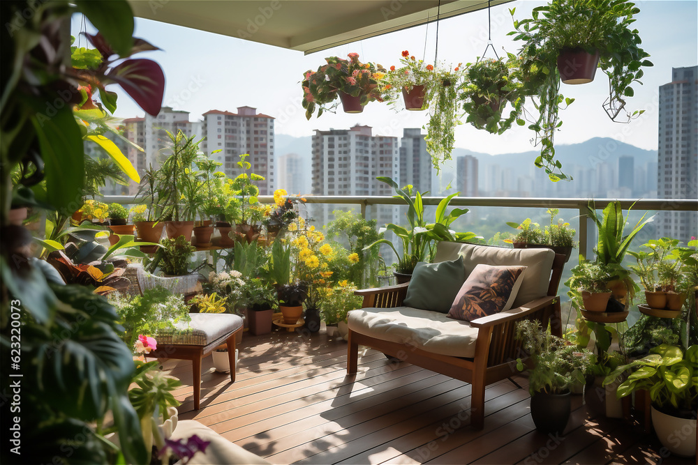 Cozy balcony of a high-rise building with plants, a green haven for a quiet retreat, stress reduction in a green environment
