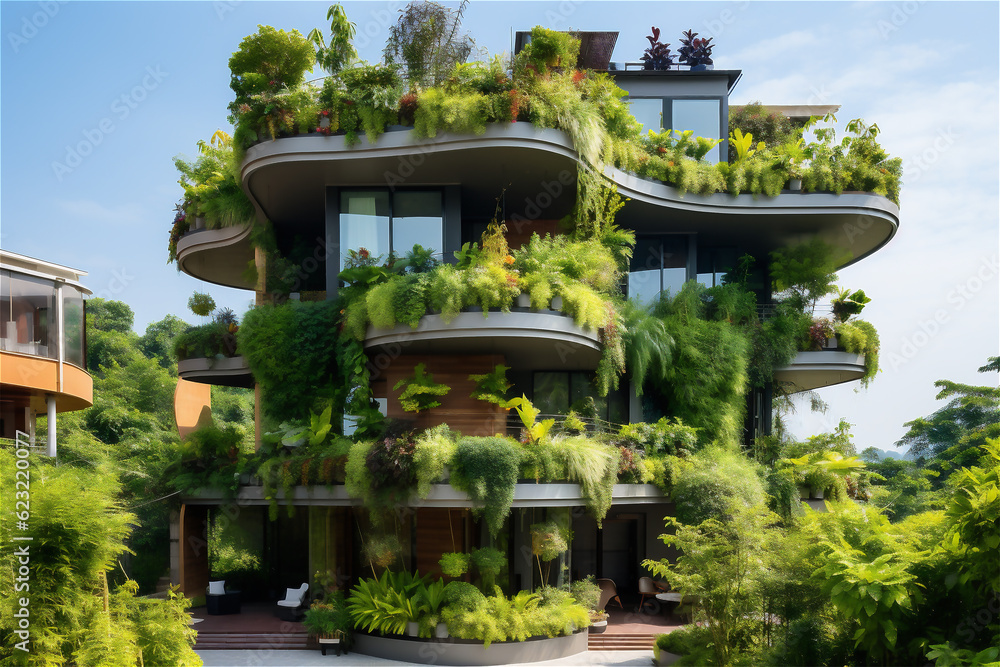 Modern city houses with lots of greenery on the roofs and balconies, the concept of green city and ecological future